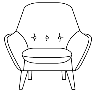 Line drawing of a modern armchair with rounded backrest, three tufted buttons, wide arms, a cushioned seat, and four angled legs.