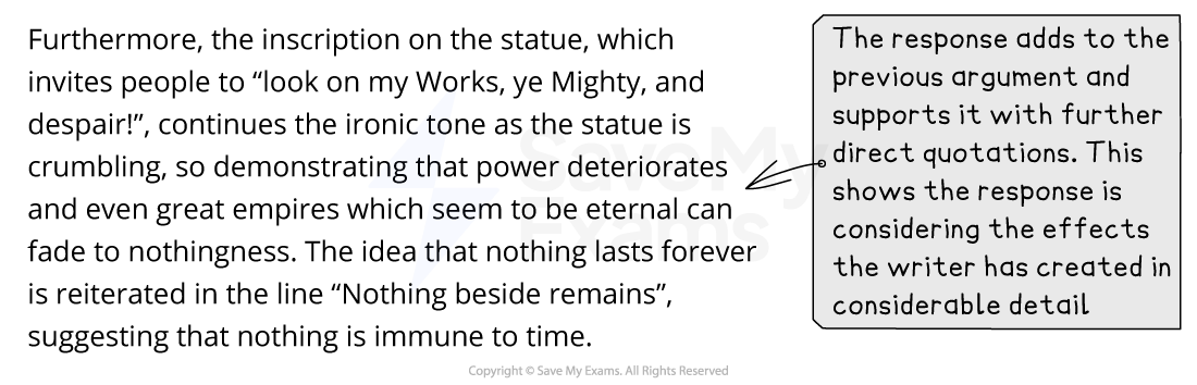 Annotated model answer paragraph on the statue's inscription in Ozymandias, with an examiner note praising the further quotation and attention to effect.
