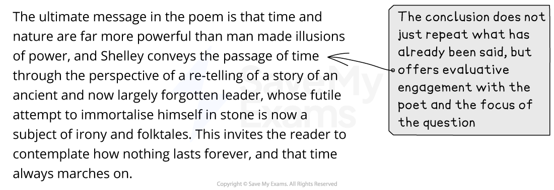 Annotated model answer conclusion on Ozymandias, with an examiner note praising its evaluative engagement with the poet rather than mere repetition.