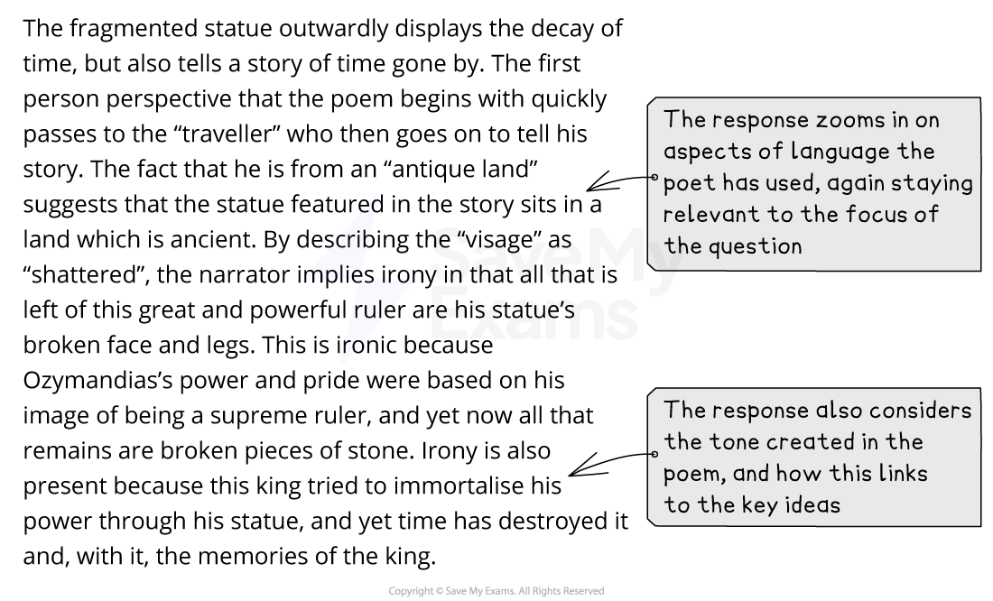 Annotated model answer paragraph on the shattered statue in Ozymandias, with examiner notes on its focus on language and on the poem's tone.