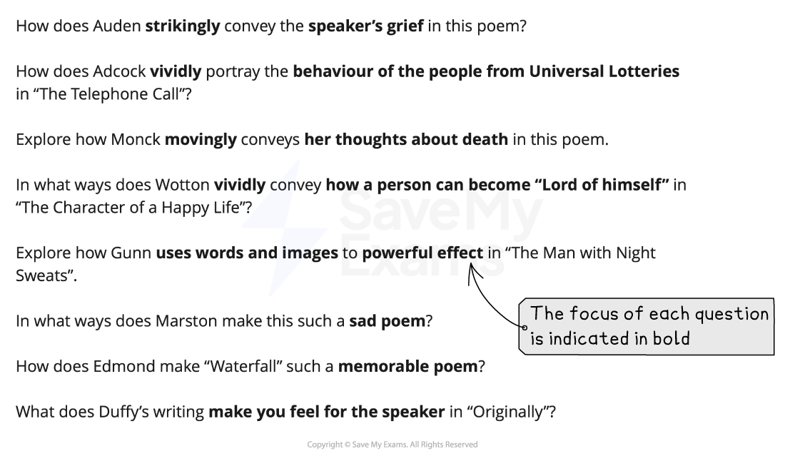 Eight sample poetry exam questions with the focus of each shown in bold, and an examiner note explaining the bold highlighting.