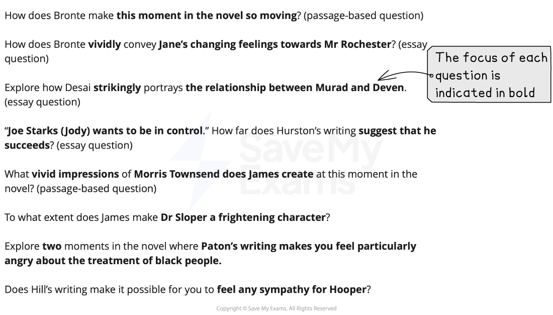 Eight sample prose exam questions with the focus of each shown in bold, and an examiner note explaining the bold highlighting.