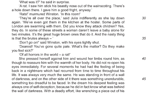 Exam paper extract from 1984 continuing the passage in which Julia sees a rat and Winston recalls his recurring nightmare.